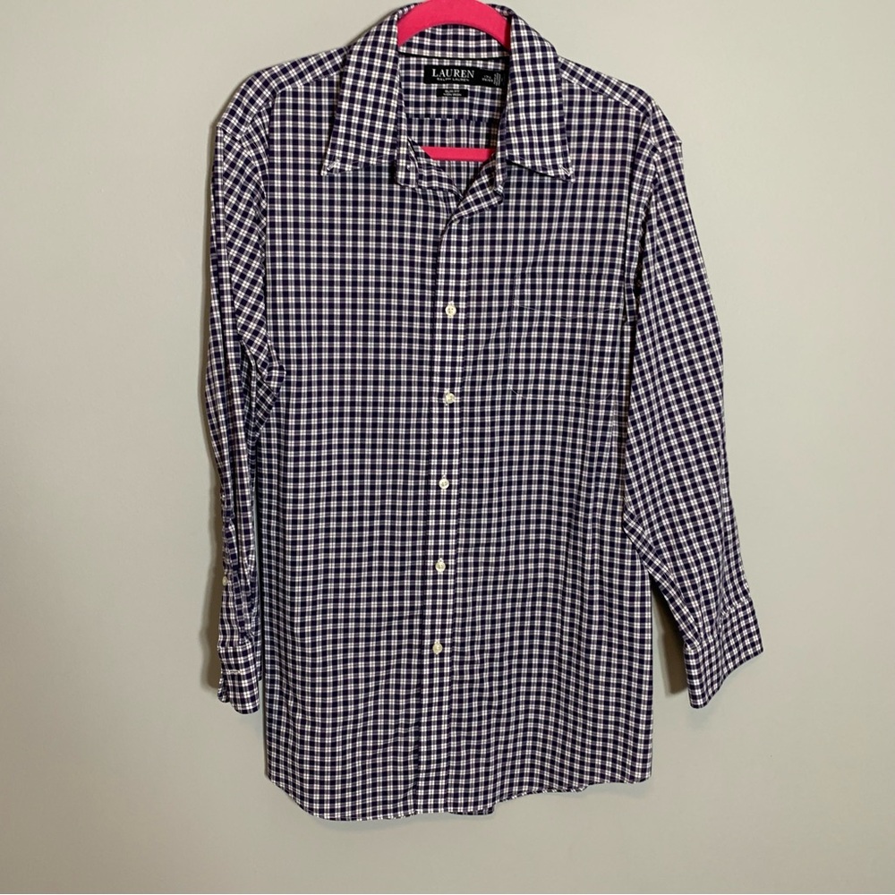Lauren Ralph Lauren Button Down Shirt Mens 17.5 32/33 Navy‎ Gingham Slim Fit